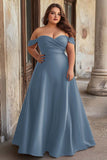 Dusty Blue Off the Shoulder Satin A Line Long Prom Dress