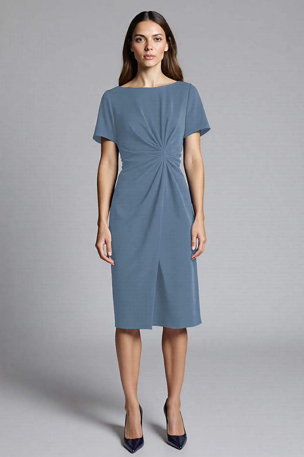 Navy Bodycon Ruched Midi Satin Work Dress with Short Sleeves