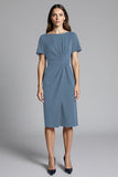 Navy Bodycon Ruched Midi Satin Work Dress with Short Sleeves