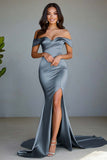 Dusty Blue Off the Shoulder Mermaid Long Prom Dress with Slit