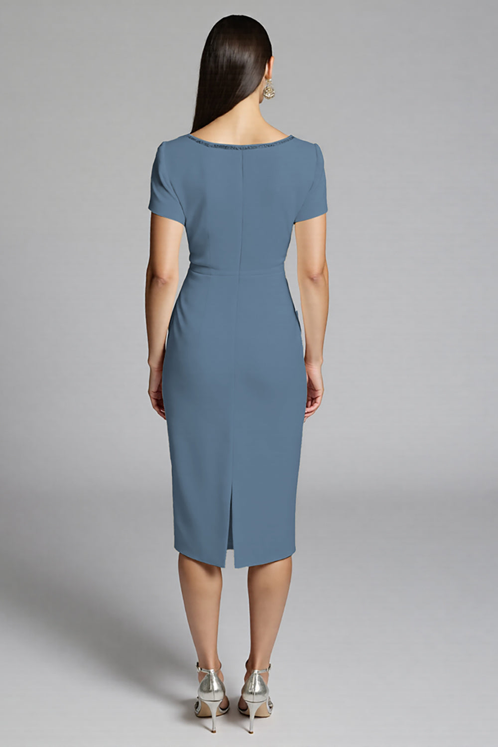 Beige Bodycon Midi Satin Work Dress with Short Sleeves