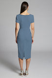 Beige Bodycon Midi Satin Work Dress with Short Sleeves