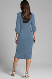 Navy Satin V-Neck Bodycon Midi Work Dress with Long Sleeves