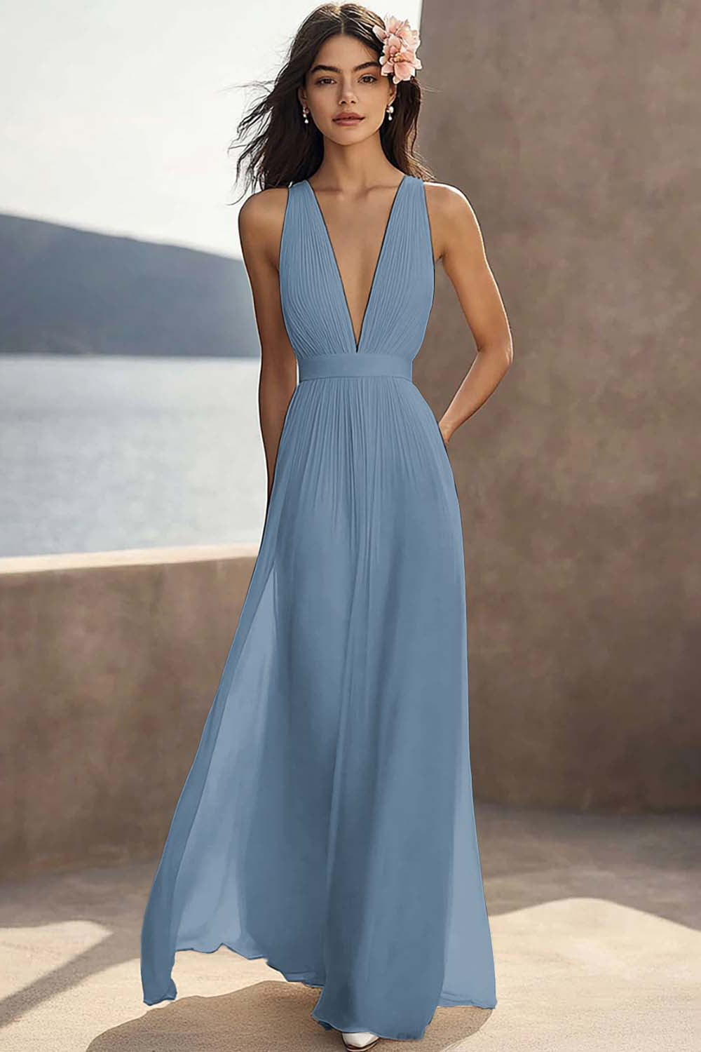 Chiffon Ivory Ruched Deep V-Neck Beach Maxi Engagement Dress
