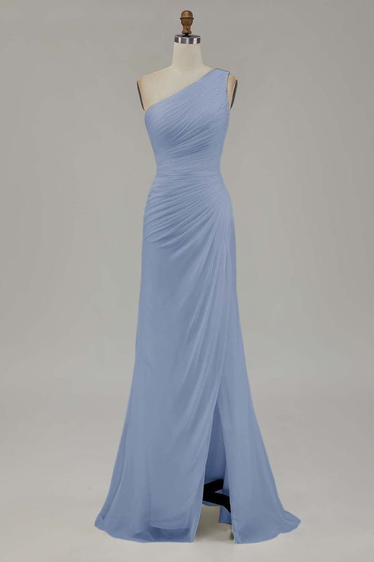 Dusty Blue Chiffon One Shoulder Beach Long Formal Dress with Slit