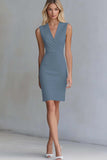 Dusty Blue Satin Bodycon V-Neck Short Work Dress