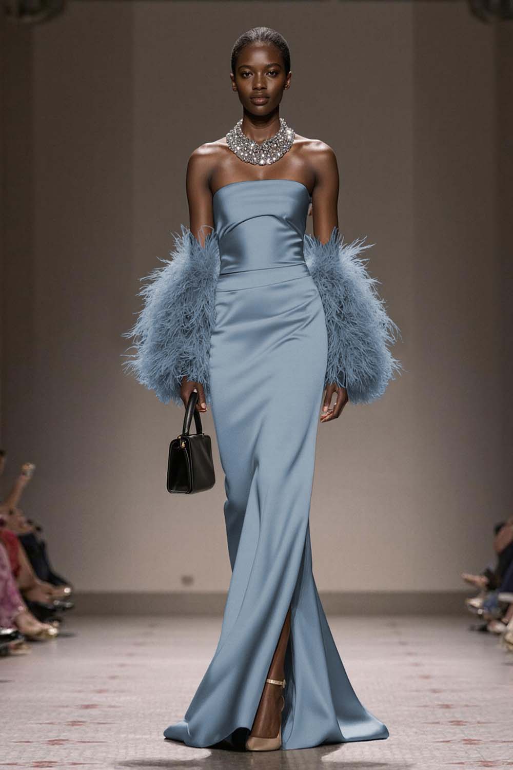 Silver Satin Mermaid  Strapless Long Formal Dress with Slit