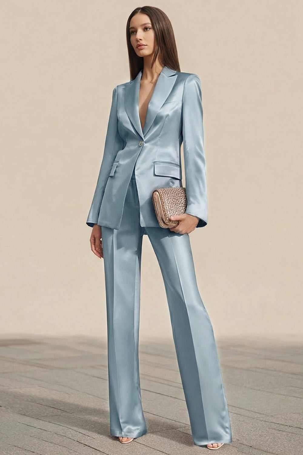 Dusty Rose 2 Piece Satin One Button Business Suits with Sleeves