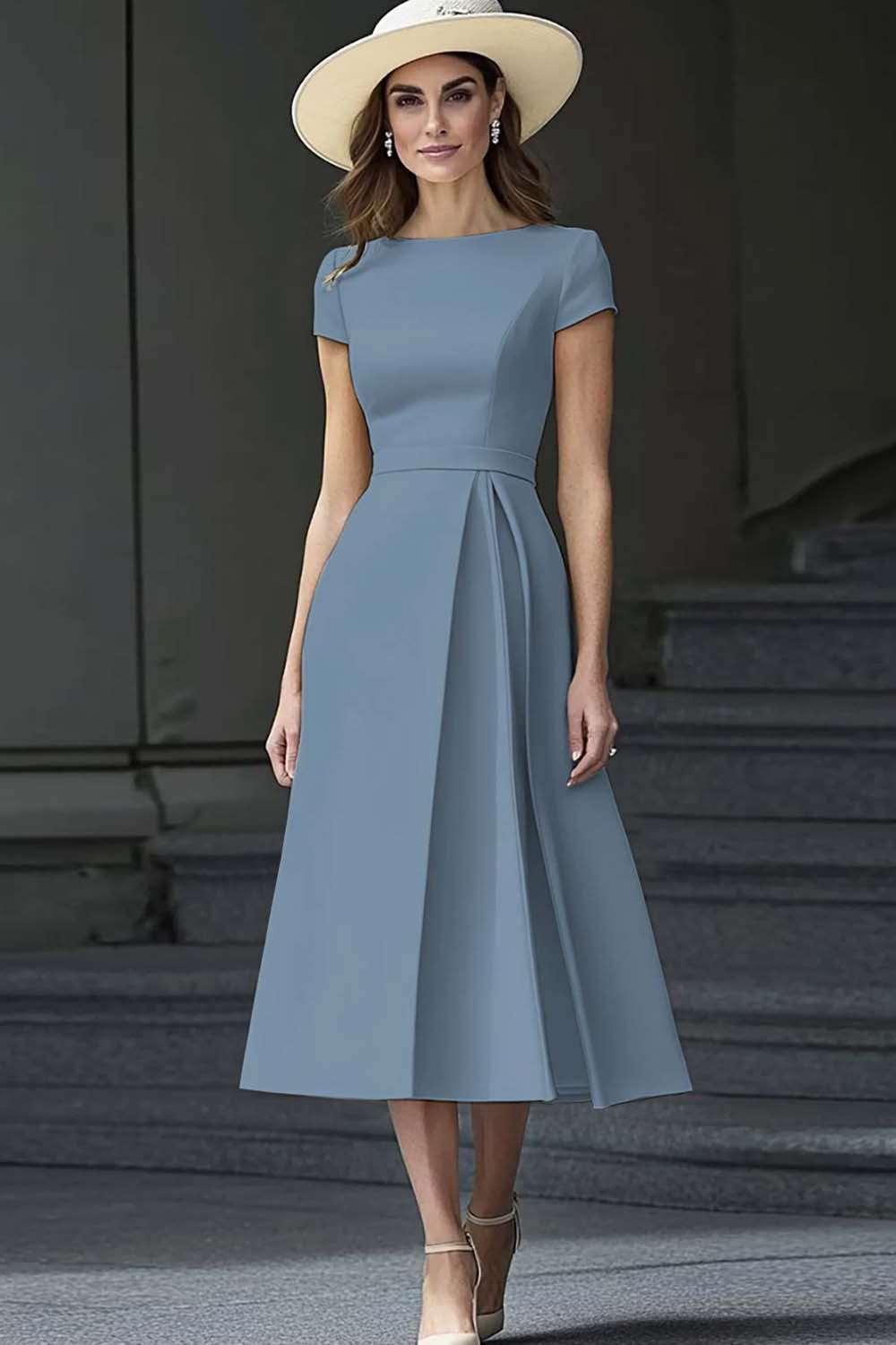 dusty blue cocktail dress Zapaka Women Daffodil Satin A Line Work Short Sleeve Boat Neck Long Business Dress, / US14 ivory flower dress Reversible! LOVE&LEMONADE Contrast Mesh Split size:14