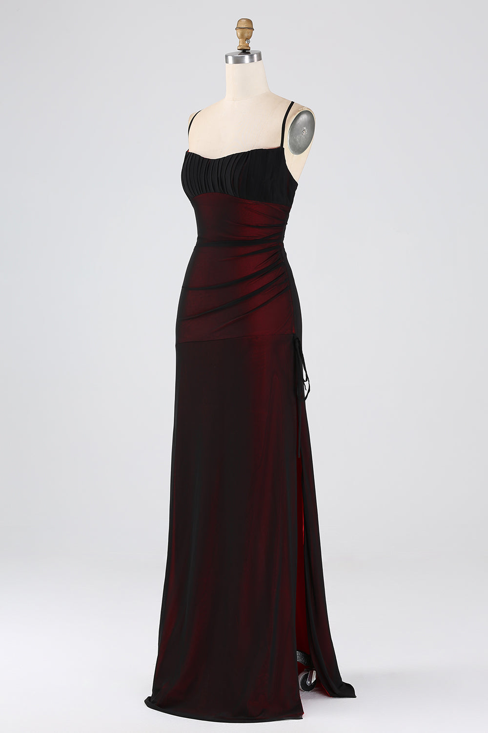 Black Blue Spaghetti Straps Mermaid Pleated Long Prom Dress with Slit