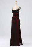 Black Blue Spaghetti Straps Mermaid Pleated Long Prom Dress with Slit