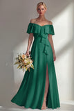 Off the Shoulder A Line Ruffled Sage Green Long Beach Bridesmaid Dress with Slit