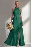 A Line High Neck Ruffled Butter Yellow Long Beach Bridesmaid Dress with Slit