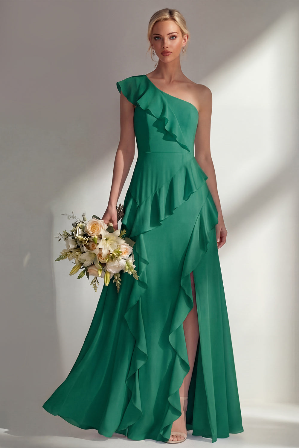 Emerald One shoulder A Line Ruffled Long Beach Bridesmaid Dress with Slit