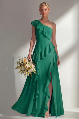 Emerald One shoulder A Line Ruffled Long Beach Bridesmaid Dress with Slit