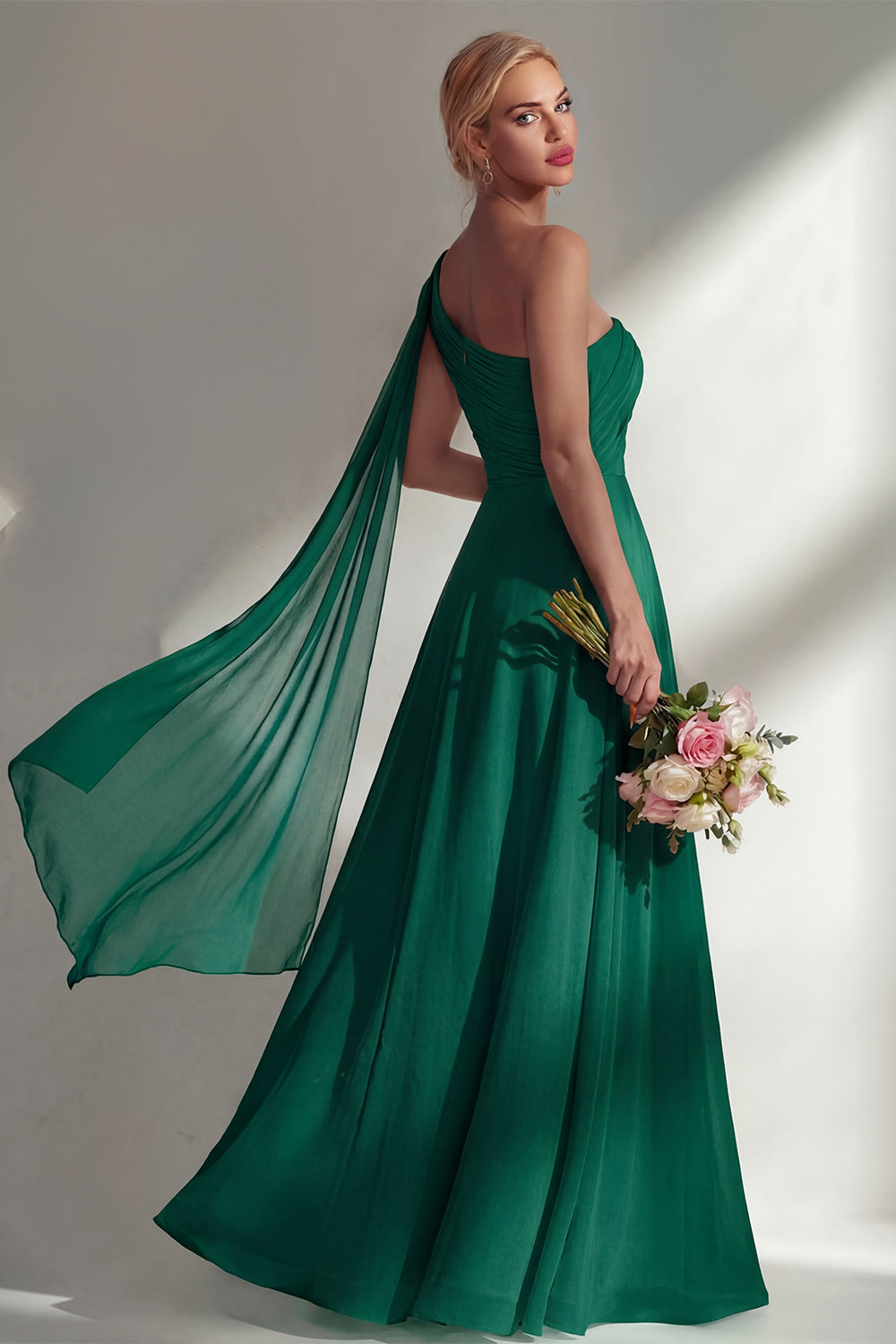 One Shoulder Ruched Burgundy A Line Long Beach Bridesmaid Dress with Side Cape