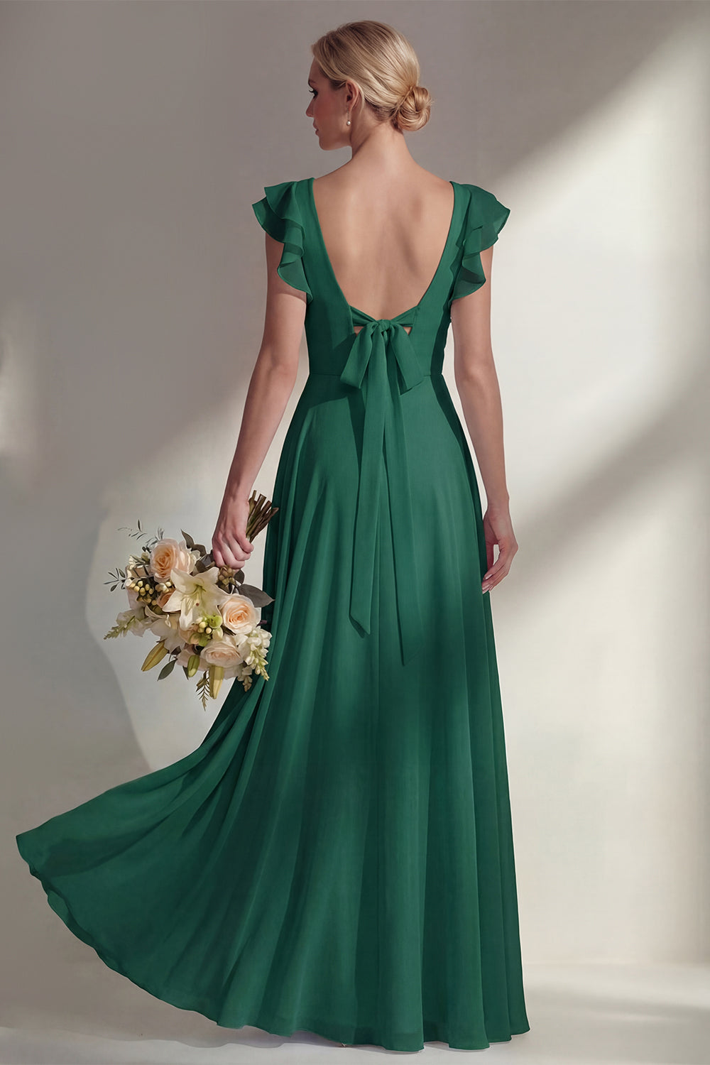 Boat Neck A Line Dusty Blue Long Beach Bridesmaid Dress with Ruffles