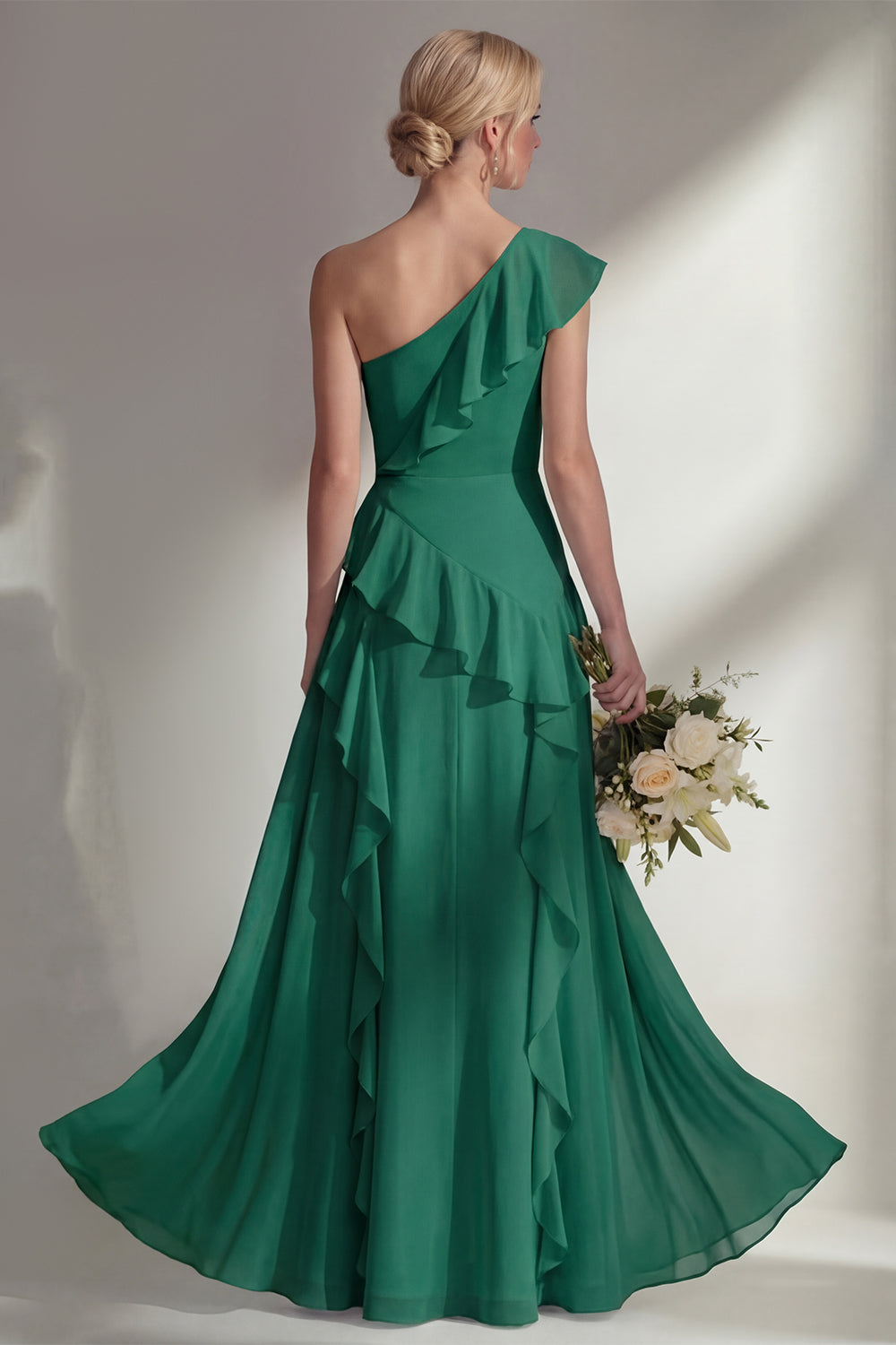 Emerald One shoulder A Line Ruffled Long Beach Bridesmaid Dress with Slit
