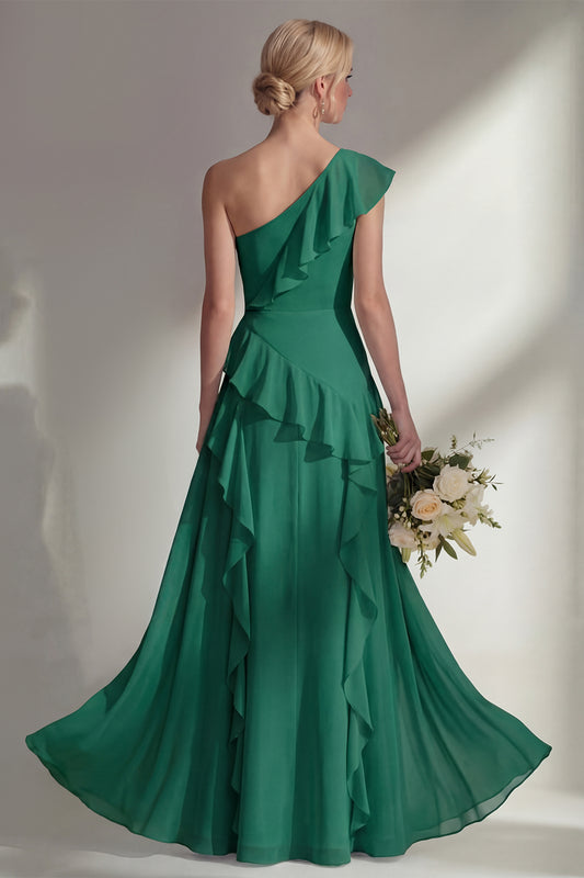 Emerald One shoulder A Line Ruffled Long Beach Bridesmaid Dress with Slit