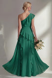 Emerald One shoulder A Line Ruffled Long Beach Bridesmaid Dress with Slit