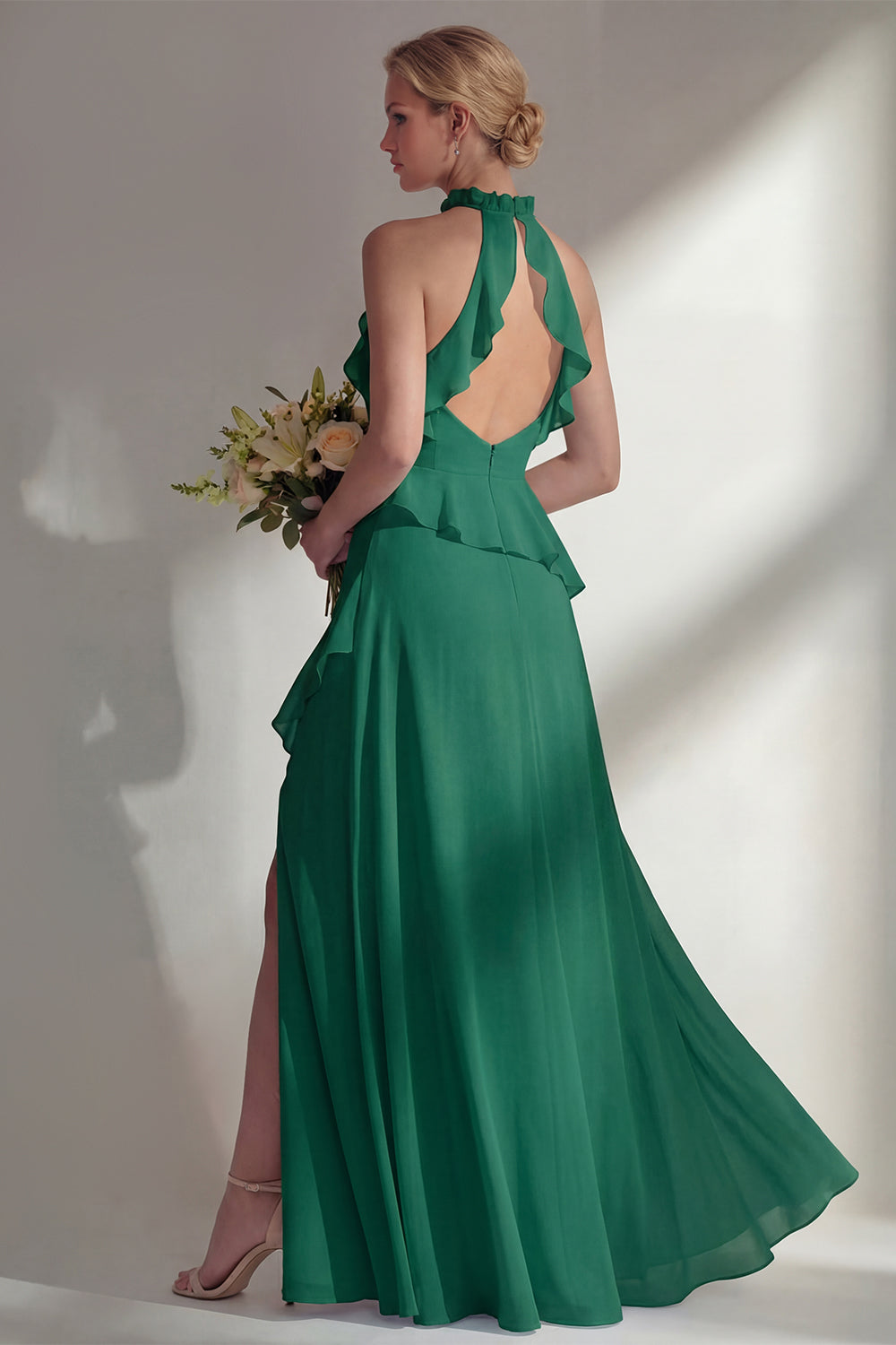 A Line High Neck Ruffled Butter Yellow Long Beach Bridesmaid Dress with Slit