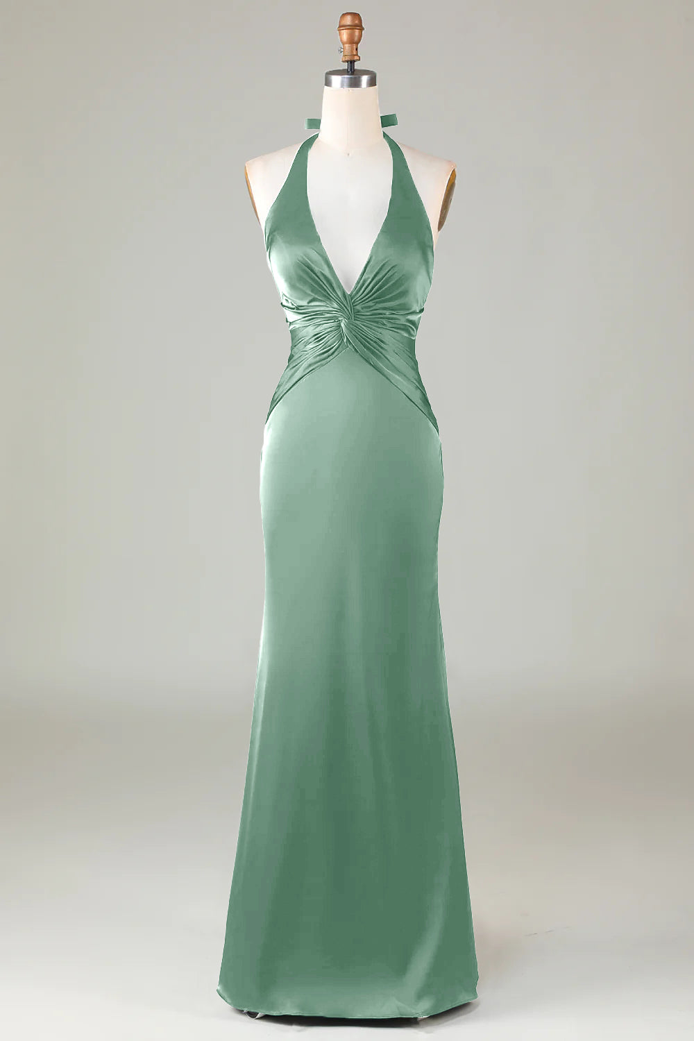 Elegant Eucalyptus Satin Halter Mermaid Bridesmaid Dress Open Back Maxi Prom Dress