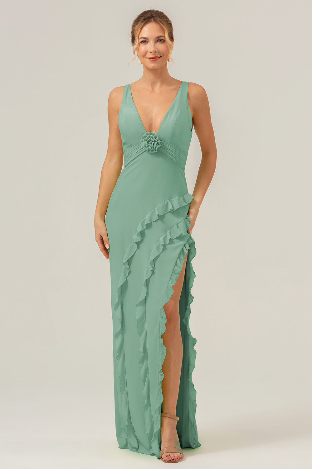 Zapakasa Women Lime Deep V Neck Ruffles Wedding Guest Dress with Slit Sheath Bridesmaid Dress