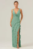 Lime Deep V Neck Ruffles Long Bridesmaid Dress with Slit