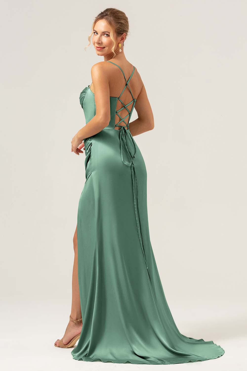 Sage Corset Long Bridesmaid Dress with Slit