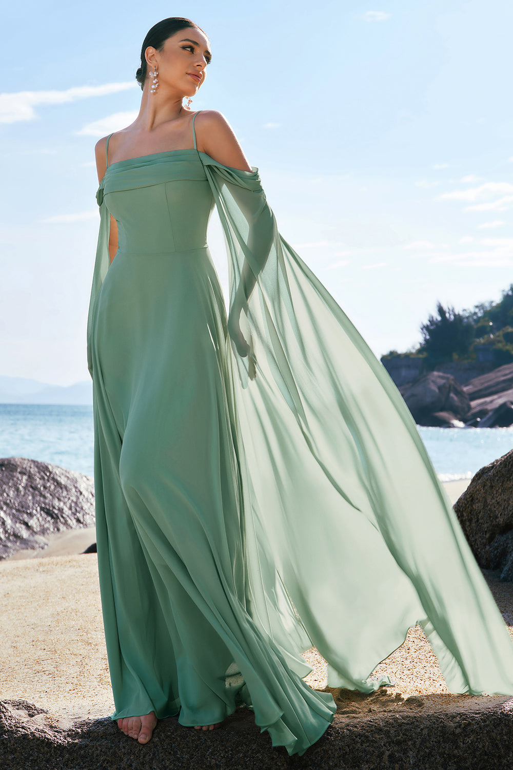 Flowy Eucalyptus Chiffon Bridesmaid Dress with Streamer Cold Shoulder A Line Wedding Guest Dress