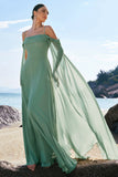 Flowy Eucalyptus Chiffon Bridesmaid Dress with Streamer Cold Shoulder A Line Wedding Guest Dress