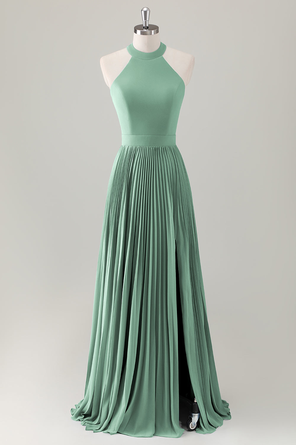 Dark Green A-Line Halter Long Bridesmaid Dress with Slit