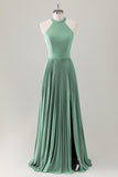 Dark Green A-Line Halter Long Bridesmaid Dress with Slit