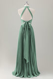Dark Green A-Line Halter Long Bridesmaid Dress with Slit