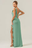 Lime Deep V Neck Ruffles Long Bridesmaid Dress with Slit