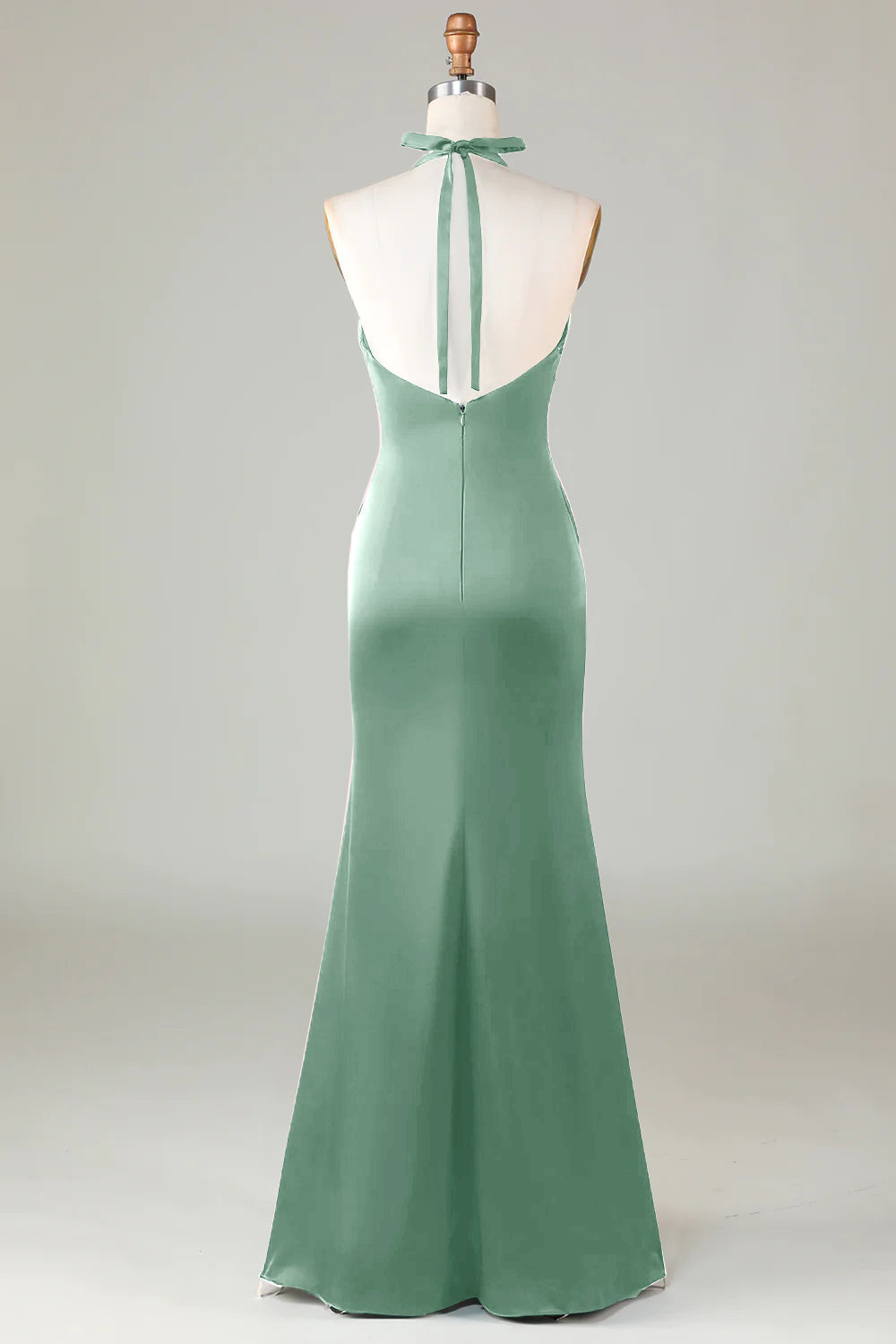 Taupe Sheath Halter Satin Long Bridesmaid Dress