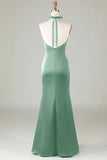 Taupe Sheath Halter Satin Long Bridesmaid Dress