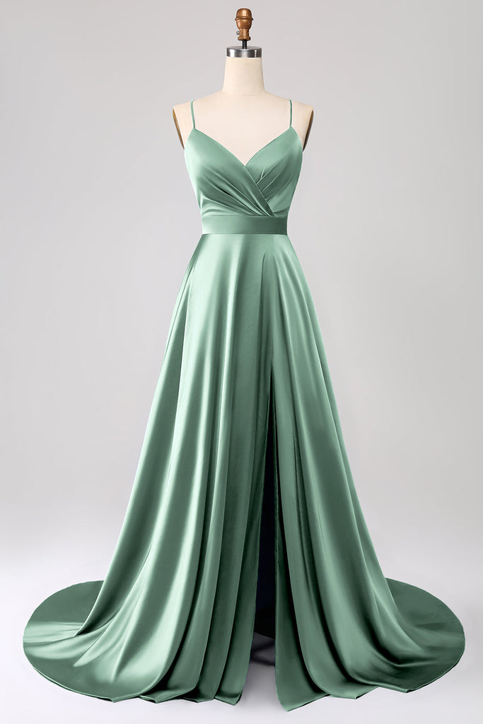 Cicinia Black Prom Dresses Long A-line Satin Spaghetti Straps Floor Length Party Gowns