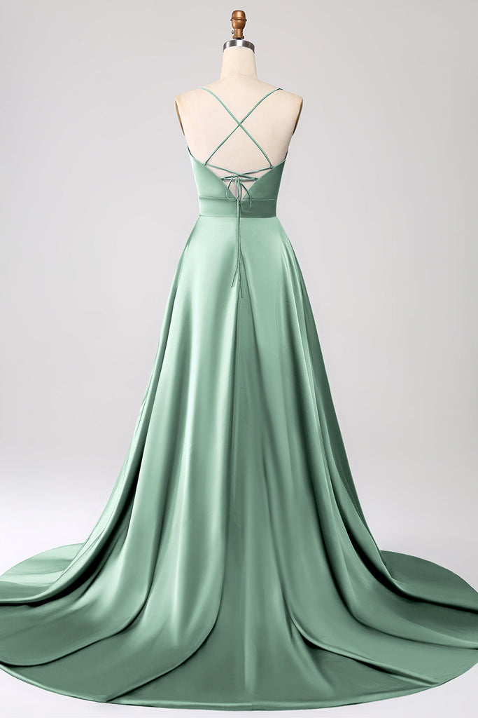 Spaghetti Straps Black A Line Satin Long Prom Dresses With Slit main image 1