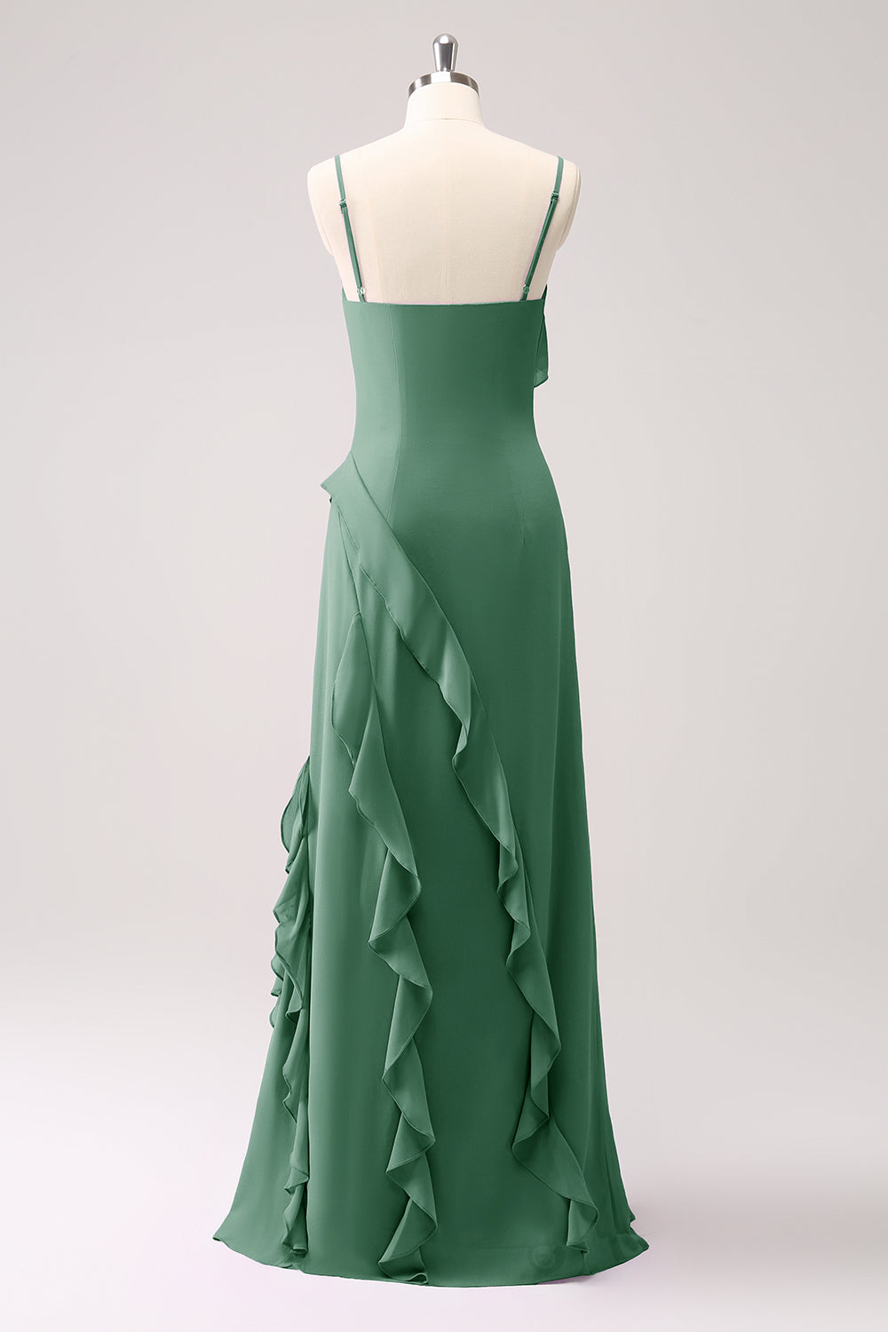 Tahiti Spaghetti Straps Chiffon Ruffled Long Bridesmaid Dress with Slit