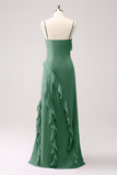 Tahiti Spaghetti Straps Chiffon Ruffled Long Bridesmaid Dress with Slit