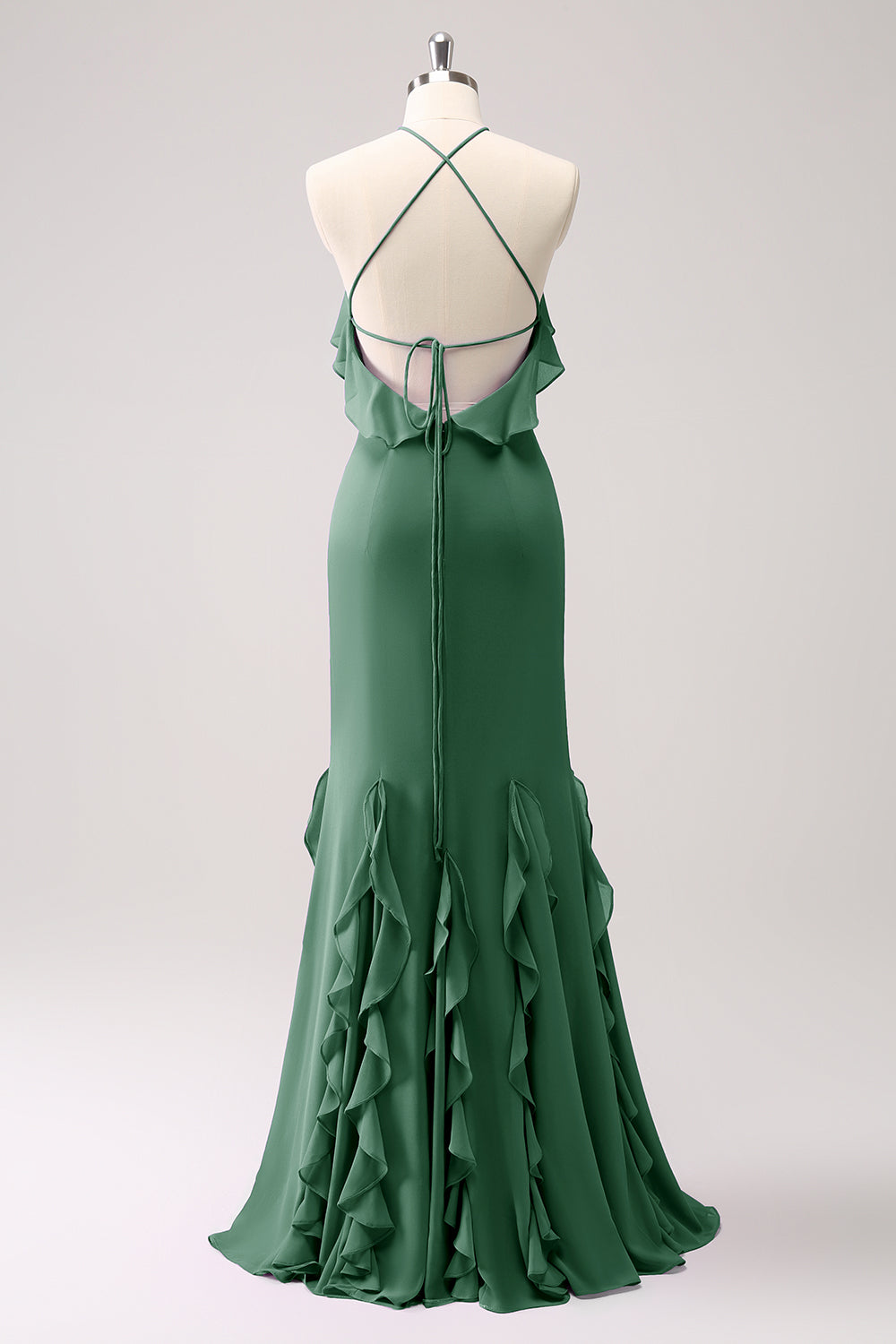 ZAPAKASA Women Dusty Sage Mermaid Halter Ruffle Chiffon Long Bridesmaid Dress