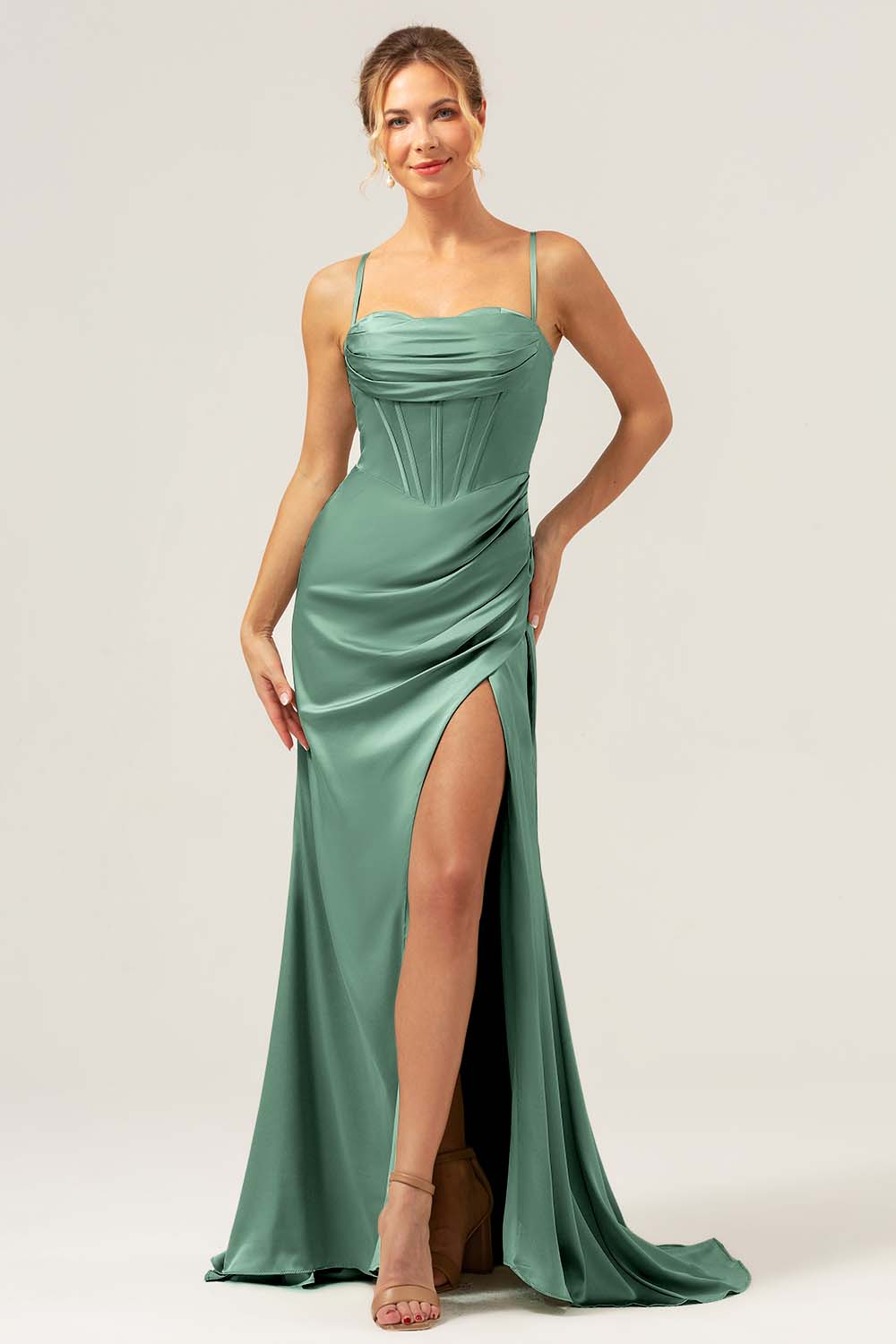 Sage Corset Long Bridesmaid Dress with Slit