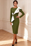 Black and White Pencil Ruffled Midi Mother of the Bride Dress with Sleeves