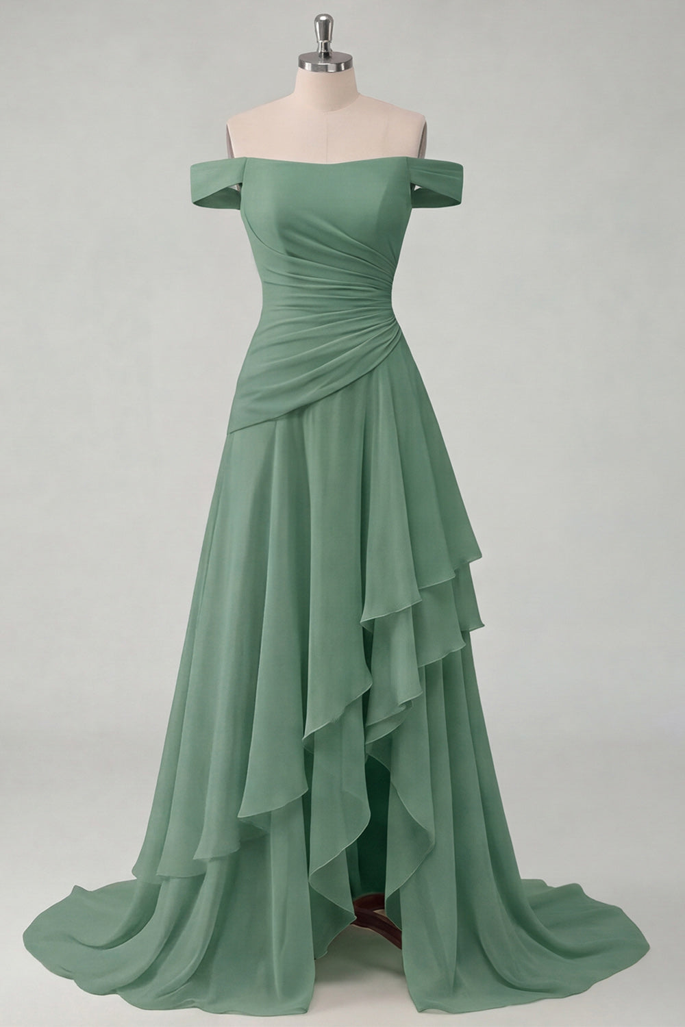 Ruched A Line Off the Shoulder Butter Yellow Ruffled Prom Dress with Slit