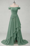 Ruched A Line Off the Shoulder Butter Yellow Ruffled Prom Dress with Slit