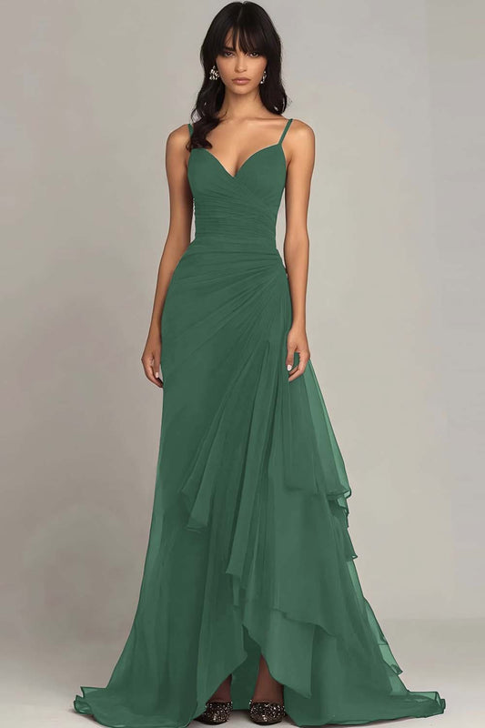 Ink Blue Sweetheart Ruched Chiffon Long Formal Dress with Ruffles