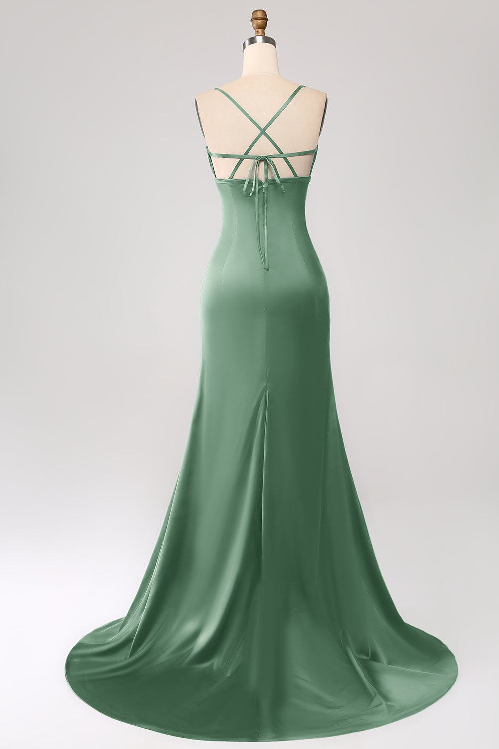 Dark Green Mermaid Spaghetti Straps Satin Prom Dress with Pleated