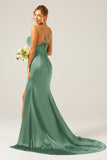 Dark Green Mermaid Spaghetti Straps Satin Long Bridesmaid Dress with Pleated