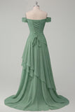 Ruched A Line Off the Shoulder Butter Yellow Ruffled Prom Dress with Slit